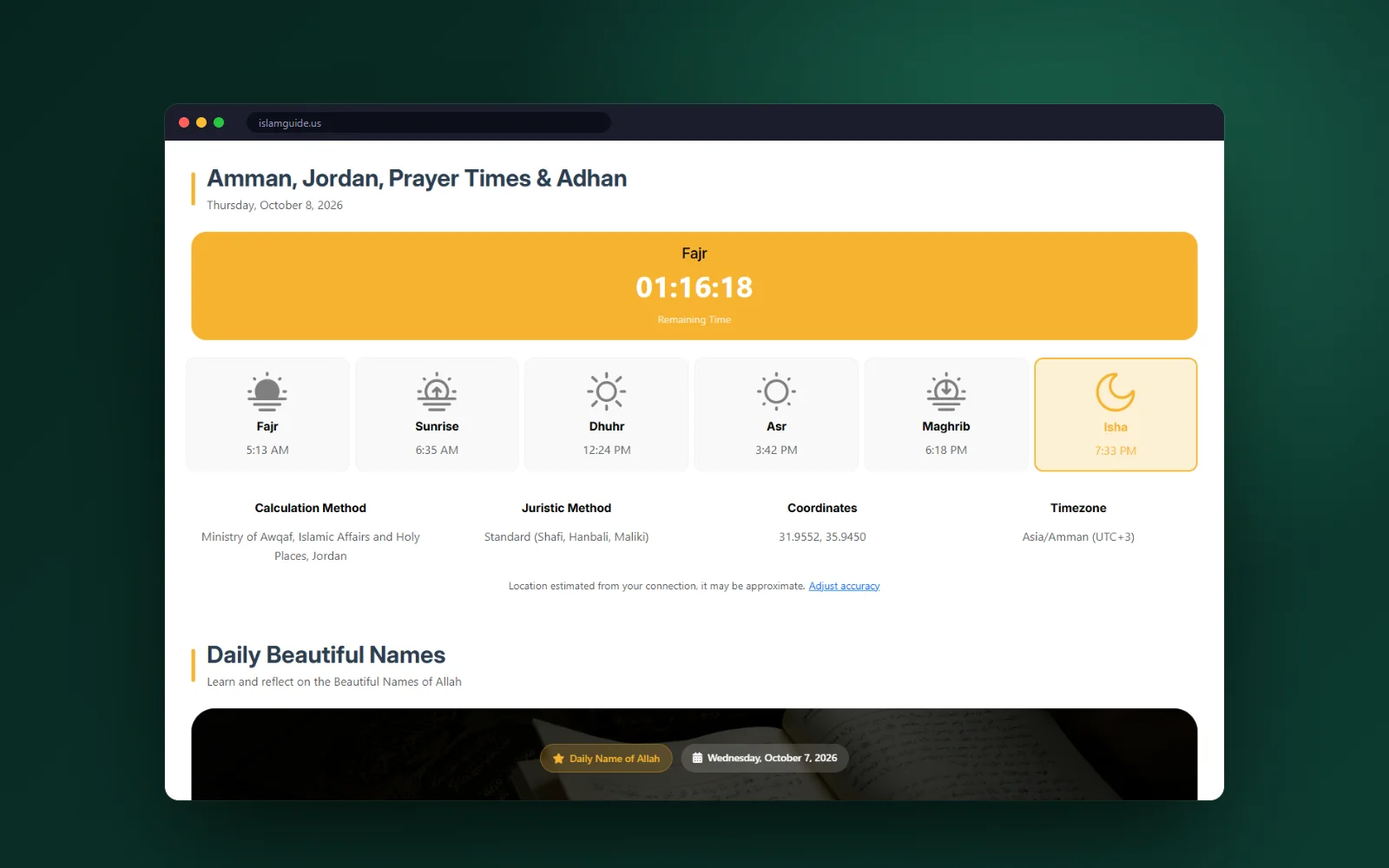 Islam Guide prayer times and daily names of Allah