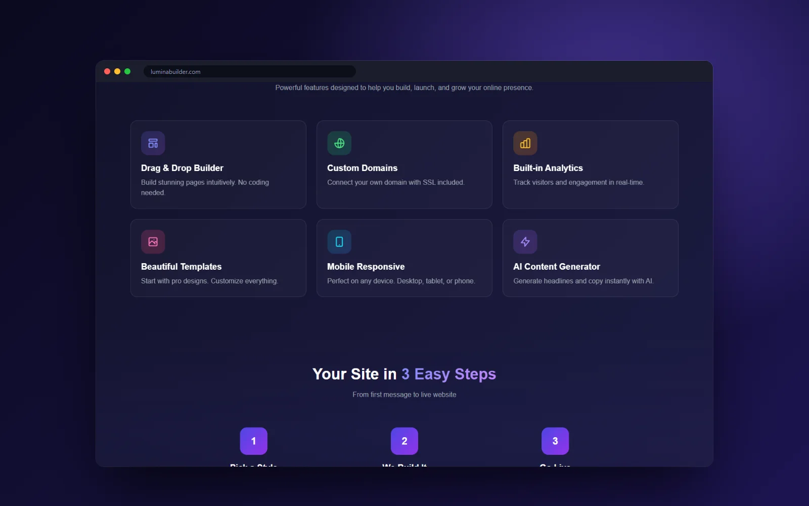Lumina Builder features and three-step process