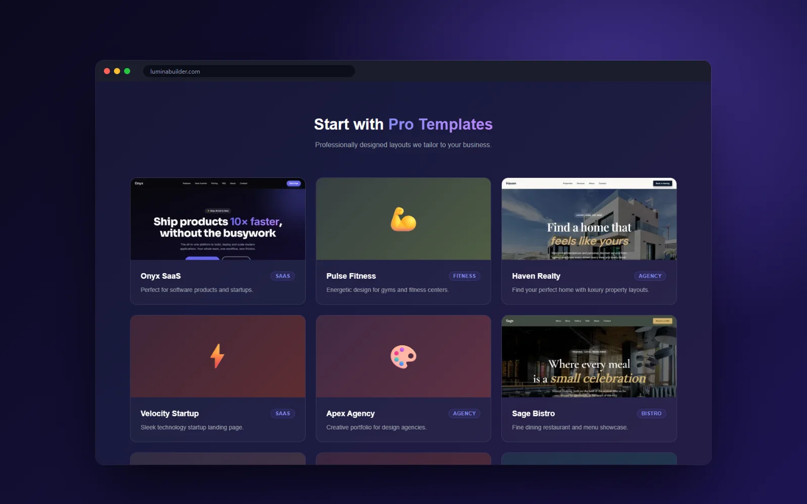 Lumina Builder pro templates section