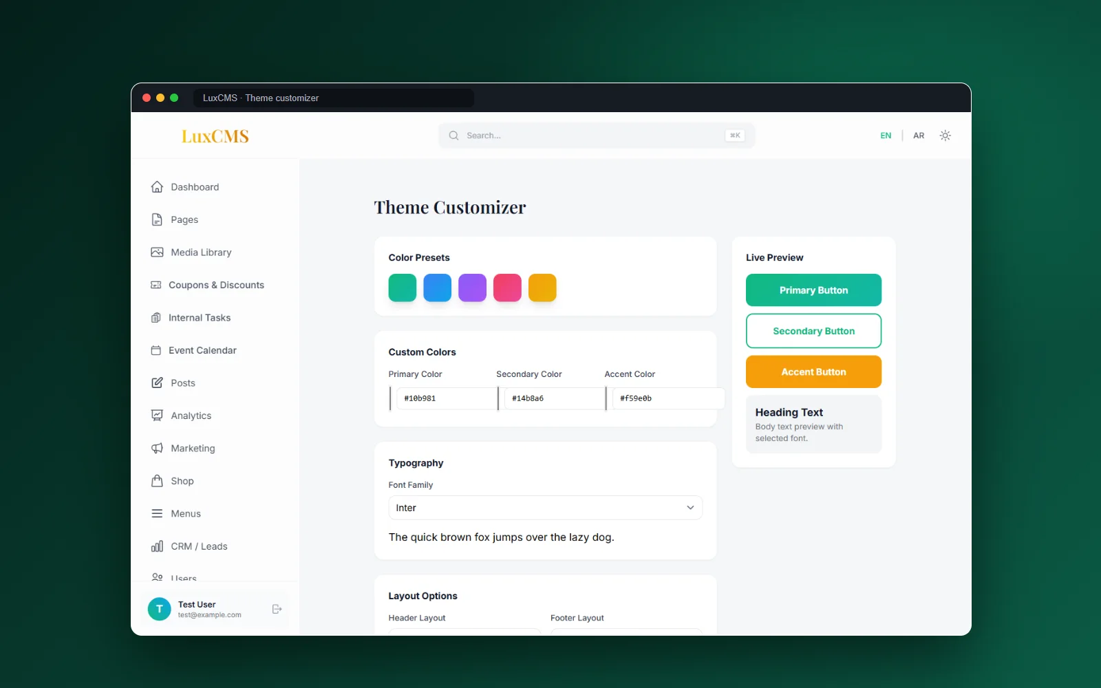 LuxCMS theme customizer with colour presets and live preview