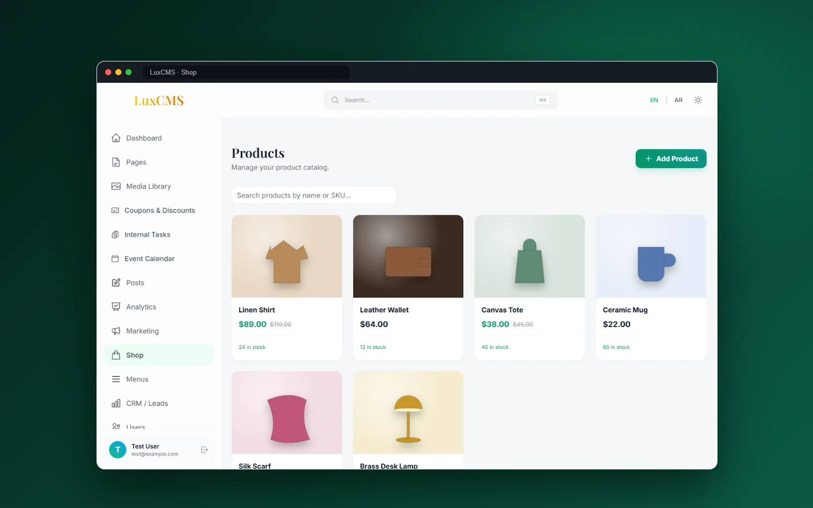 LuxCMS shop product catalogue