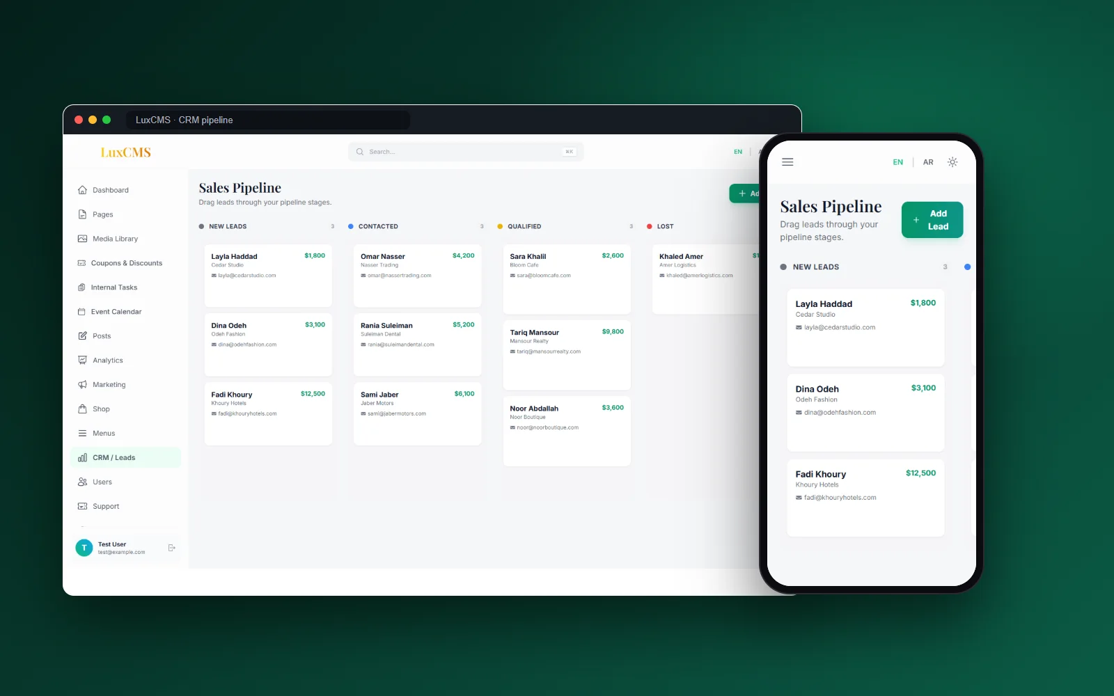 LuxCMS sales pipeline board on desktop and mobile